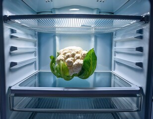 Inside a fridge with a single cauliflower