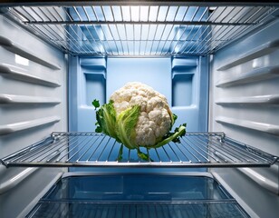 Inside a fridge with a single cauliflower