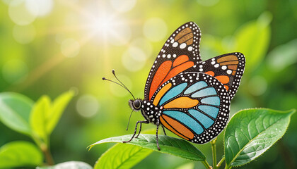 Fototapeta premium Colorful butterfly resting on green leaf in bright sunlight