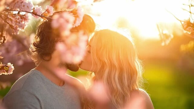 A loving couple shares a tender moment surrounded by beautiful blossoms during dusk. Their smiles and connection highlight the bliss of everyday life and relationships in this serene setting.
