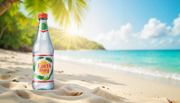 Earth Day themed sparkling water bottle on sandy beach