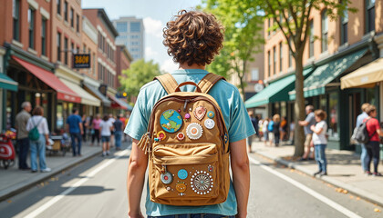 Fototapeta premium Person walking on street with decorated backpack