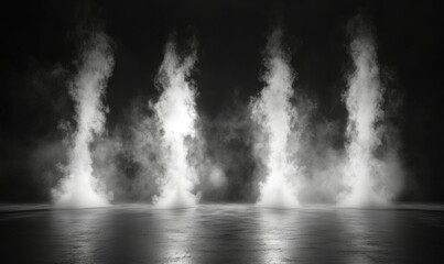 Obraz premium Abstract image of dark room concrete floor. Black room or stage background for product placement.Panoramic view of the abstract fog. White cloudiness, mist or smog moves on black background