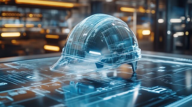 Transparent hard hat on digital blueprint.