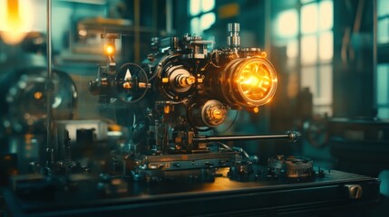 Steampunk-style machine with glowing core in workshop.