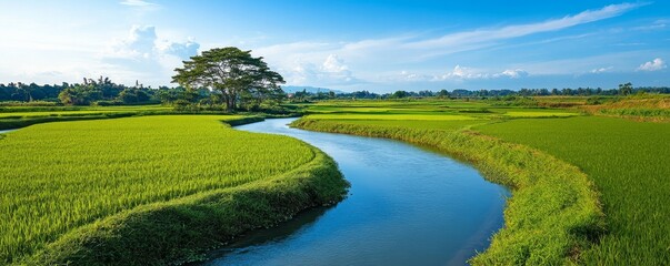 Obraz premium A quiet river meanders through the rich green rice paddies, illuminated by a clear blue sky.