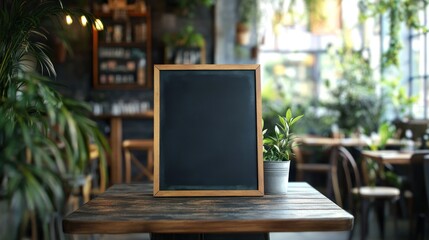 Blank chalkboard menu sign on rustic wooden table in a plant-filled cafe.
