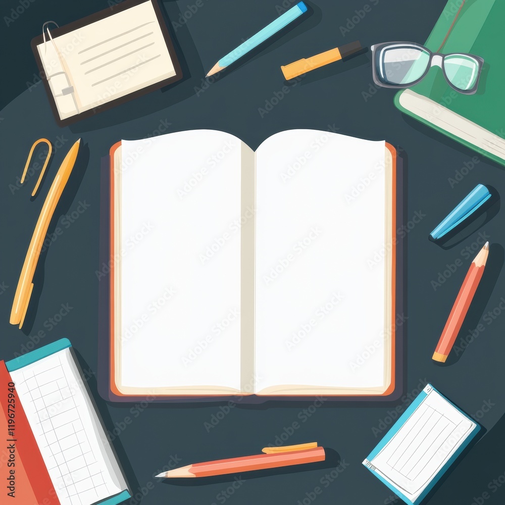 Leinwandbilder open blank notebook surrounded by writing tools on a dark background ready for notes and ideas. gene