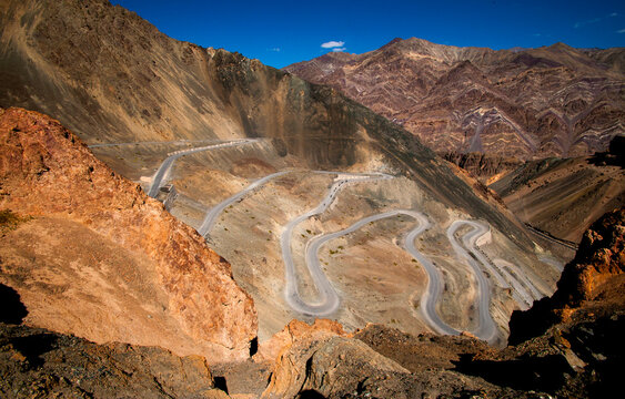 Top view of a serpentine road near Lamayuru, Ladakh.
