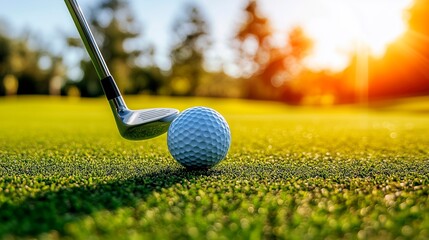 Fototapeta premium Sunset golf tournament highlights player preparing for a crucial swing on the lush fairway