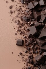 Dark chocolate cubes and crumbs scattered on beige background. Dessert and confectionery concept. Image for banner, packaging and advertisement. Top view with copy space.