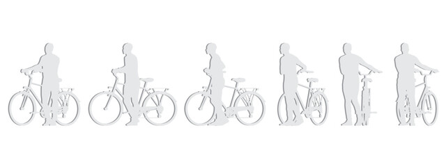 Obraz premium Vector concept conceptual gray paper cut silhouette of a man riding a bicycle from different perspectives isolated on white. A metaphor for sport, fitness, competition, health, leisure and lifestyle