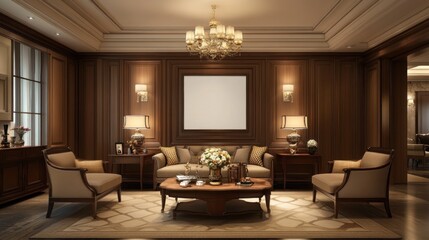 Luxurious Living Room Interior Design: Elegant Wood Paneling, Classic Furniture, and Warm Lighting