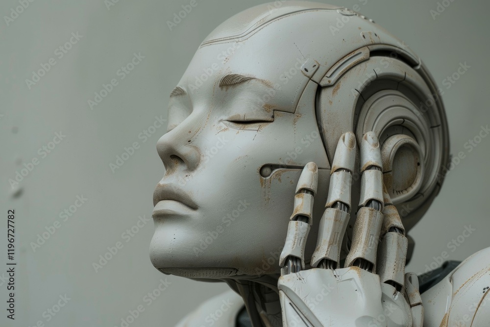Poster advanced android with closed eyes, touching its face, showcasing the intersection of artificial inte