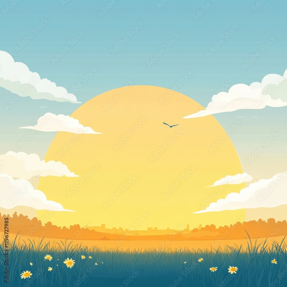 Aufkleber bright sunset over a tranquil landscape with open space for creative text or messaging ideas. genera