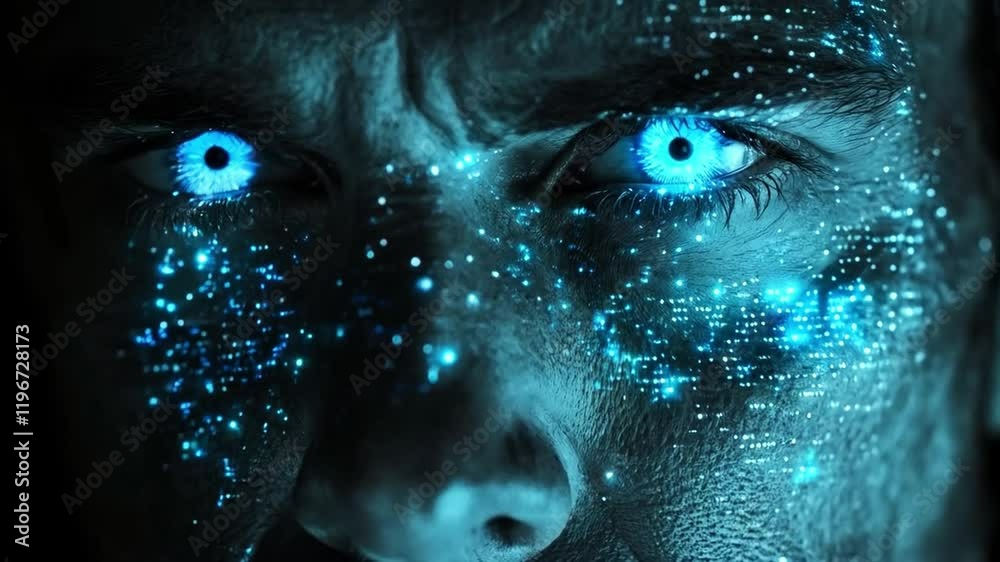 Poster a close-up view of a person's face featuring intense blue glowing eyes surrounded by digital pattern
