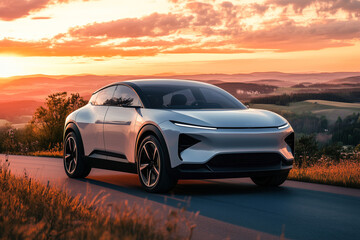 Naklejka premium Futuristic self-driving electric vehicle cruising on scenic highway during golden hour