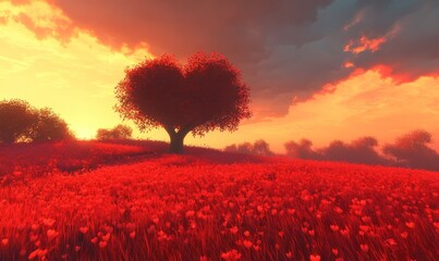 A heart-shaped tree in a brilliant red meadow at sunset, with a striking sky above.
