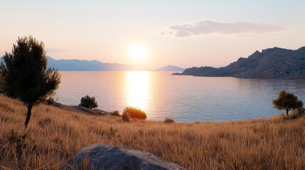 Obraz premium Sunset Over Coastal Hills