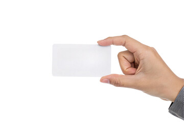 A hand holding a small, plain white card between the thumb and index finger, isolated on a transparent background
