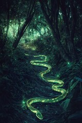 Obraz premium Glowing snake slithers through enchanted forest path.