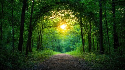 Obraz premium Forest path sunset, nature walk, tranquil woods, scenic background, ideal for travel brochures