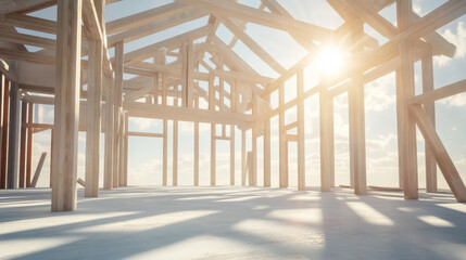 Interior View of Wooden Building Structure with Sunlight