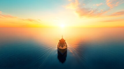 Obraz premium Glowing Ship Navigating Serene Ocean Toward Radiant Horizon Goals