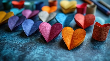 Fototapeta premium Colorful paper hearts craft desk background