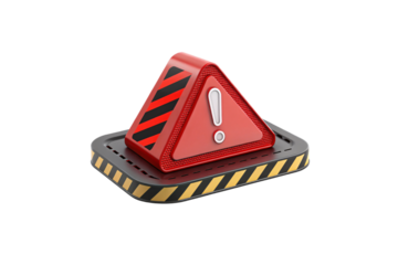 A red triangular alert icon with bold black stripes and a white exclamation mark, placed on a yellow-bordered black base, isolated on a transparent background