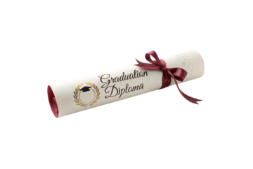 A rolled graduation diploma wrapped in burgundy ribbon with elegant text and a golden laurel emblem, evoking achievement and ceremonial pride, isolated on a transparent background