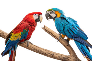 Obraz premium A red-and-yellow macaw and a blue-and-gold macaw perch on a wooden branch, vividly colorful, staring at each other with curiosity, isolated on a transparent background