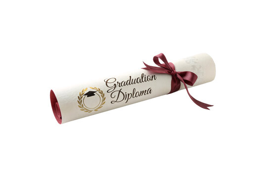A rolled graduation diploma wrapped in burgundy ribbon with elegant text and a golden laurel emblem, evoking achievement and ceremonial pride, isolated on a transparent background