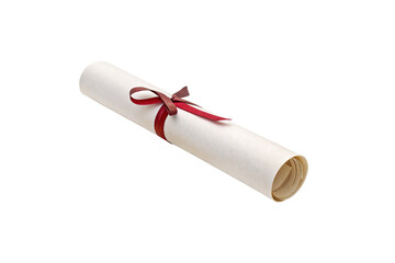 A simple rolled parchment tied with a thin red ribbon, minimalistic and symbolic of an academic or professional accomplishment, isolated on a transparent background