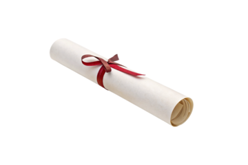 A simple rolled parchment tied with a thin red ribbon, minimalistic and symbolic of an academic or professional accomplishment, isolated on a transparent background