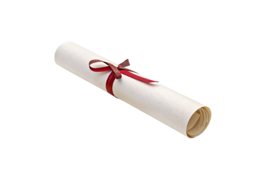 A simple rolled parchment tied with a thin red ribbon, minimalistic and symbolic of an academic or professional accomplishment, isolated on a transparent background