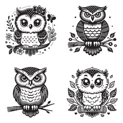Owl birds Barn Owl baby Owl logo vector set icon clipart illustration & drawing black & white silhouette