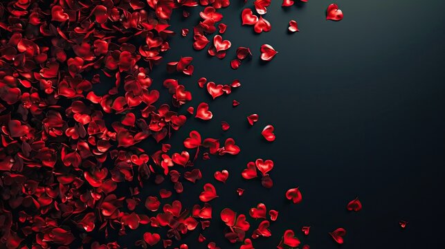 A dark background with red heart-shaped petals cascading down the left side