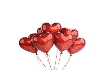 A vibrant bunch of glossy red heart-shaped balloons with thin red strings, floating upward, radiating love and celebration, isolated on a transparent background