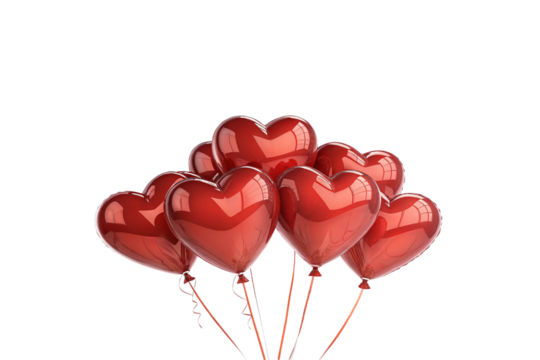 A vibrant bunch of glossy red heart-shaped balloons with thin red strings, floating upward, radiating love and celebration, isolated on a transparent background