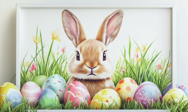 A cheerful bunny and colorful eggs, framed in a whimsical Easter holiday design with plenty of charm.