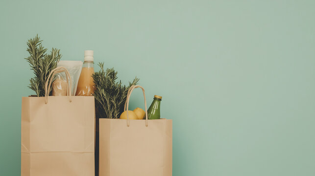 Grocery Shopping: Sustainable Living: Two kraft paper grocery bags filled with fresh produce, beverages, and other essentials stand against a calming teal backdrop.