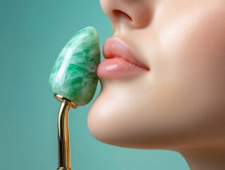 A close-up of a jade roller gently massaging the face of a woman, highlighting skincare techniques...