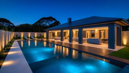 Luxury house with infinity pool at night.  Outdoor living space with elegant lighting and landscaping.