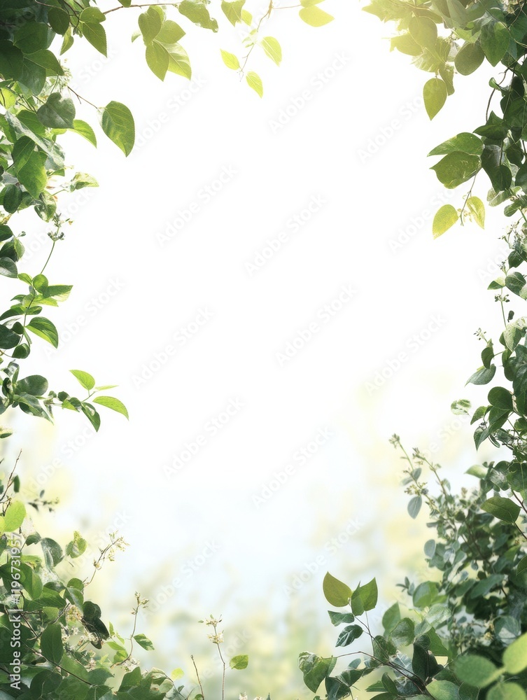 Poster Bright and airy natural frame created by lush green leaves with ample space for text in a soft light environment. Generative AI