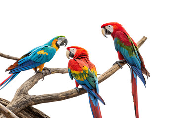Obraz premium Three parrots perched on branches. A vibrant mix of blue, yellow, green, and red feathers. Black background highlights their striking colors, isolated on a transparent background