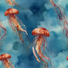 An abstract jellyfish painted in watercolor with a sky-blue backdrop.