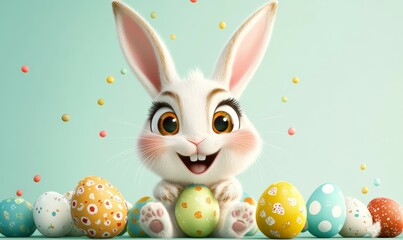 A cute and colorful Easter bunny with expressive features and vibrant eggs on a festive banner layout.