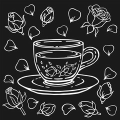 Glass cup of tea, rose. Hand drawn vector illustration in outline style.