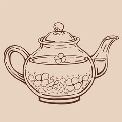 Teapot of tea with jasmine. Hand drawn vector illustration in outline style.
